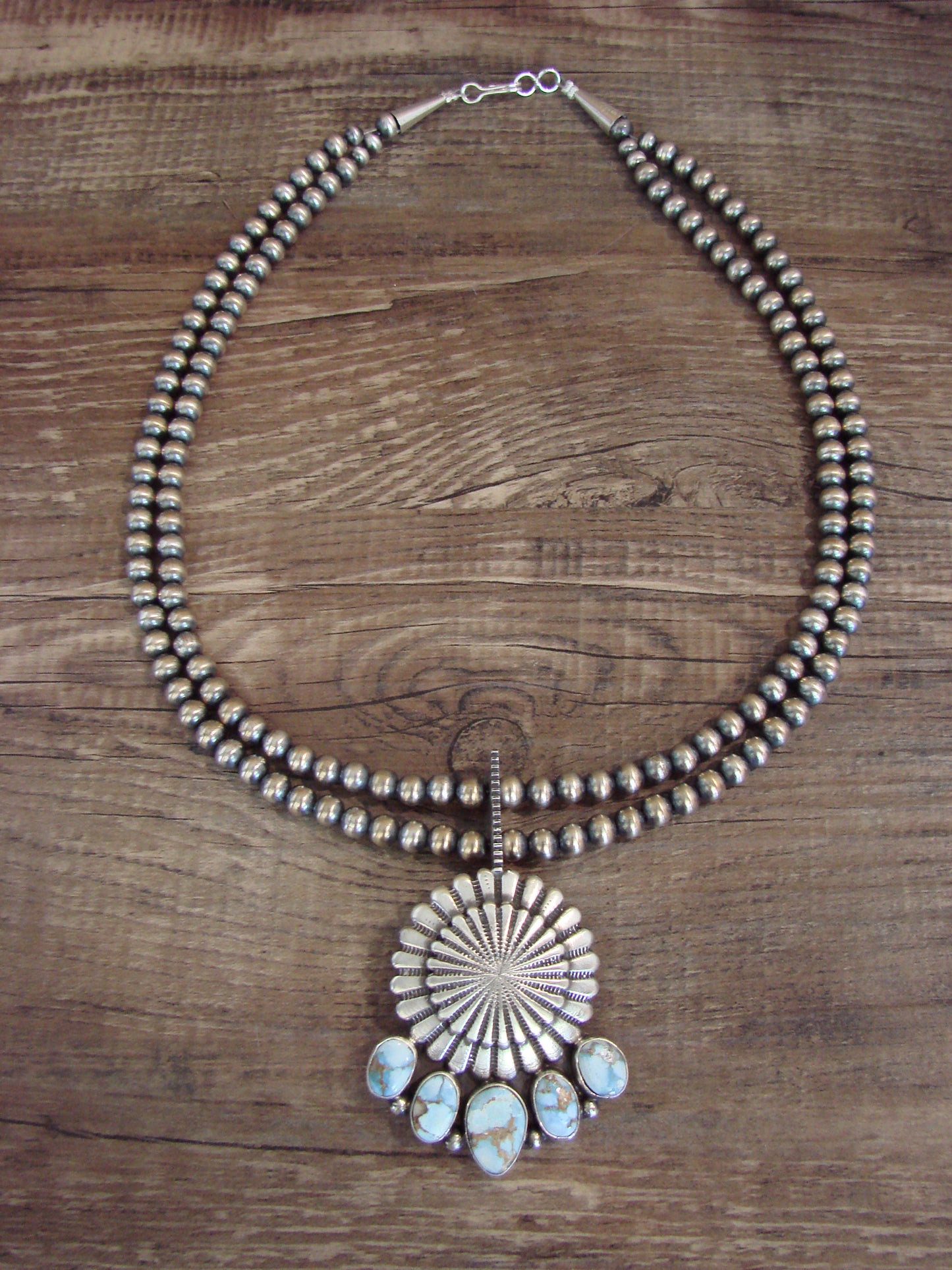 Native American 16" Sterling Silver & Turquoise Navajo Pearl Necklace - Tom Lewis
