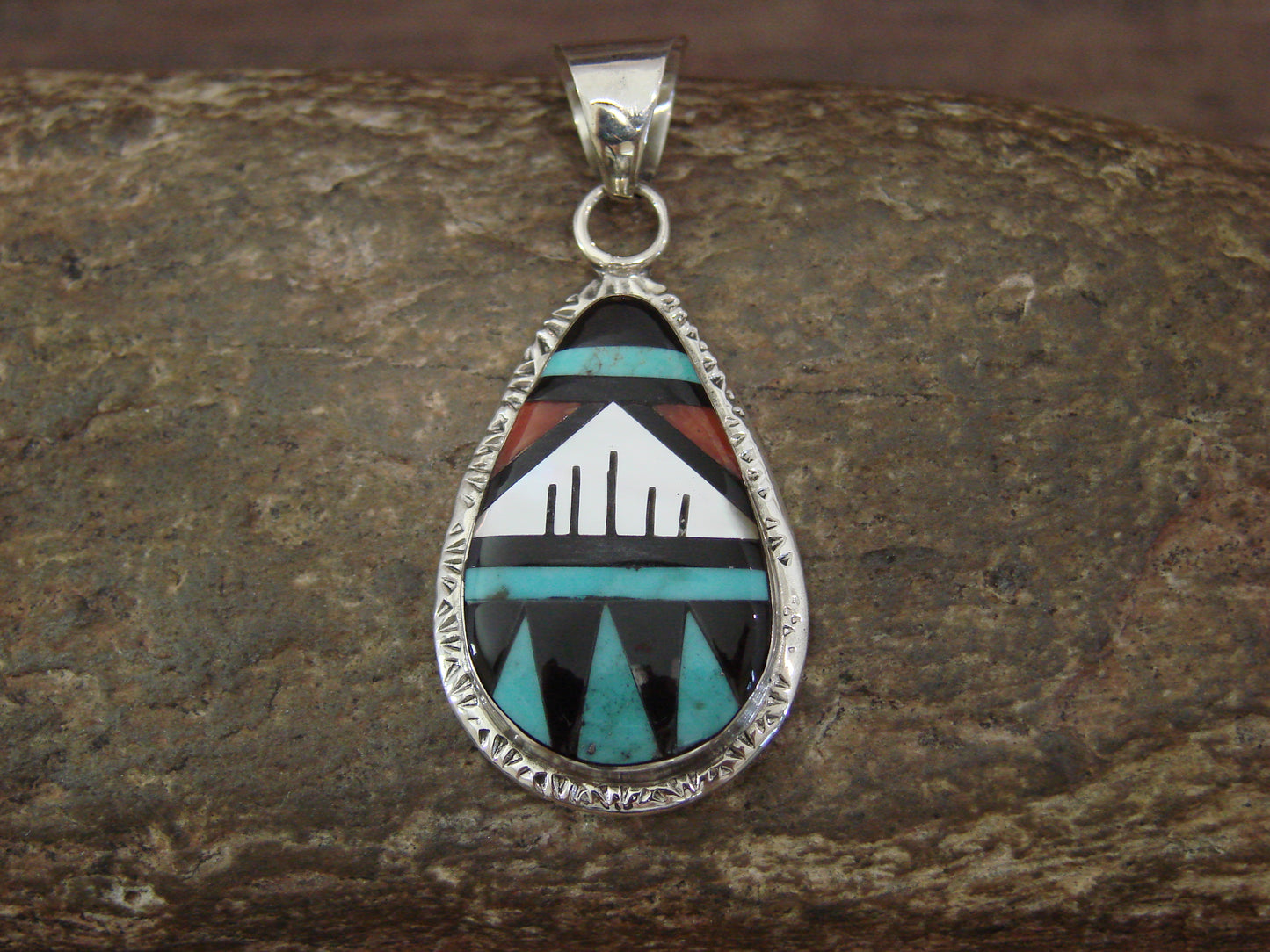 Native American Sterling Silver & Turquoise Inlay Pendant by Lamy