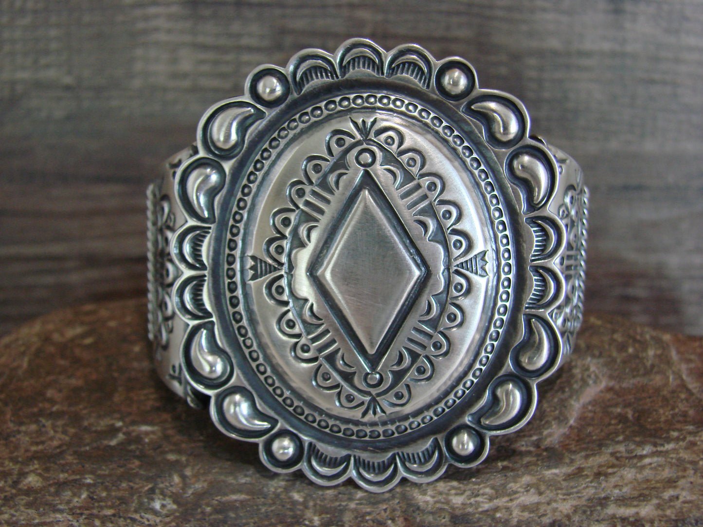 Native American Sterling Silver Concho Bracelet Cuff by Roland Dixon