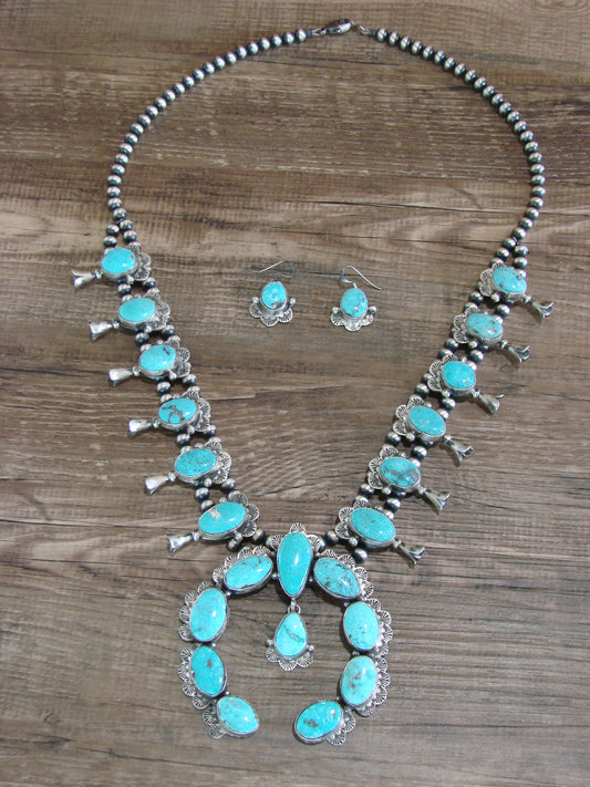 Navajo Sterling Silver & Turquoise 26" Squash Blossom Set Signed Kee J