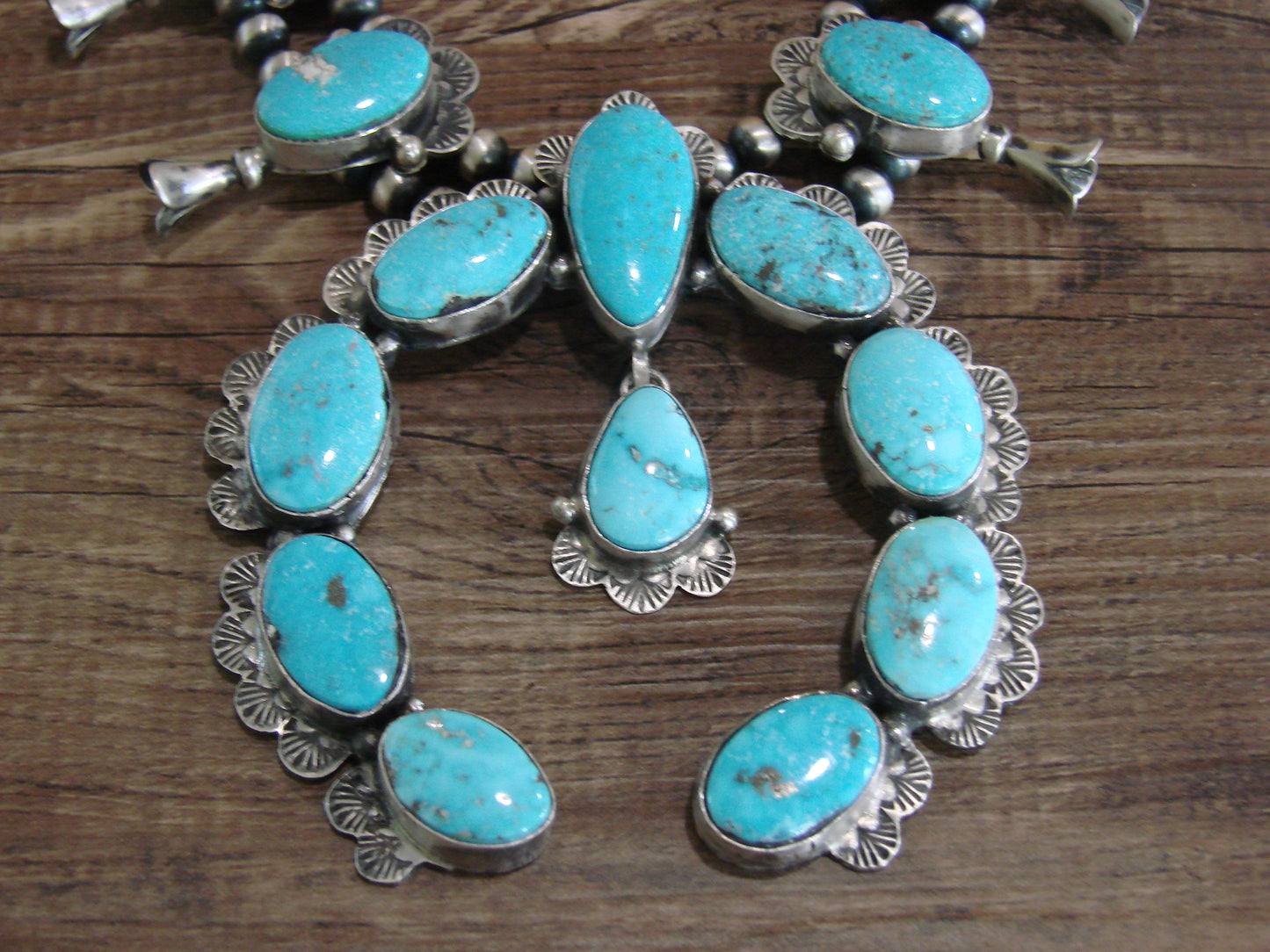 Navajo Sterling Silver & Turquoise 26" Squash Blossom Set Signed Kee J