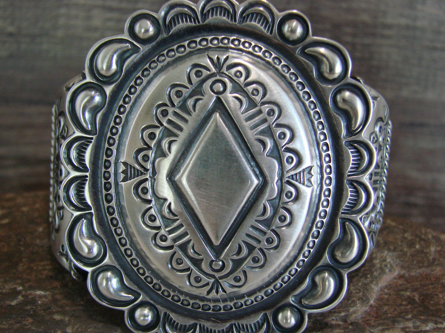 Native American Sterling Silver Concho Bracelet Cuff by Roland Dixon