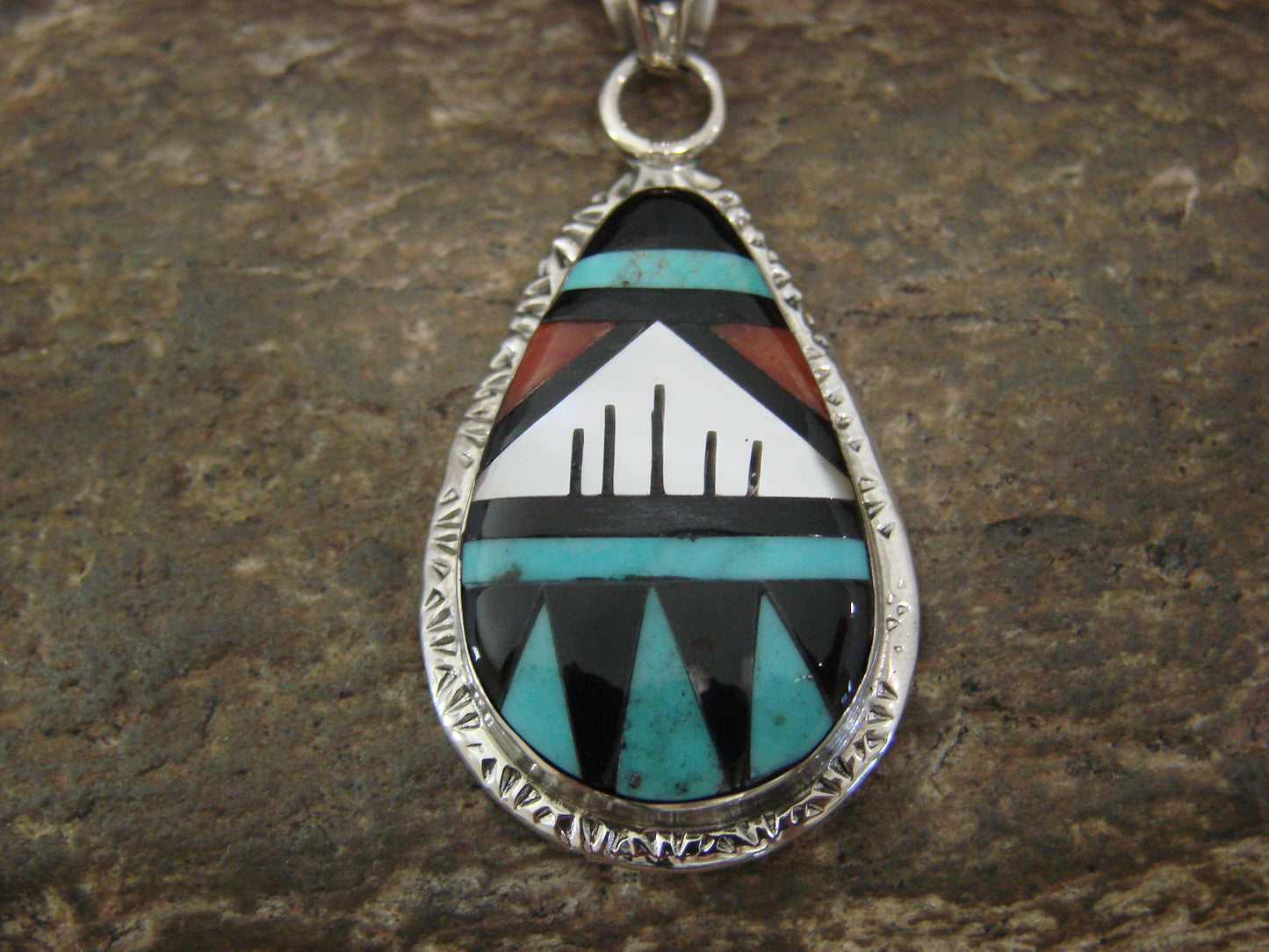 Native American Sterling Silver & Turquoise Inlay Pendant by Lamy