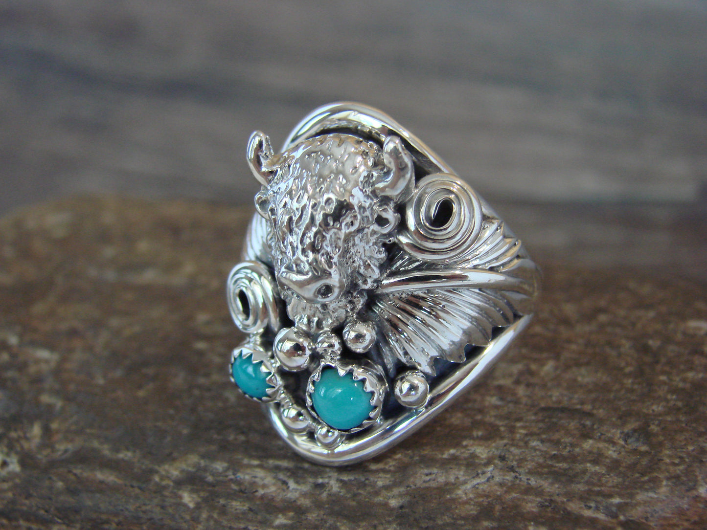 Native American Sterling Silver Buffalo & Turquoise Ring Size 11.5 - Morgan
