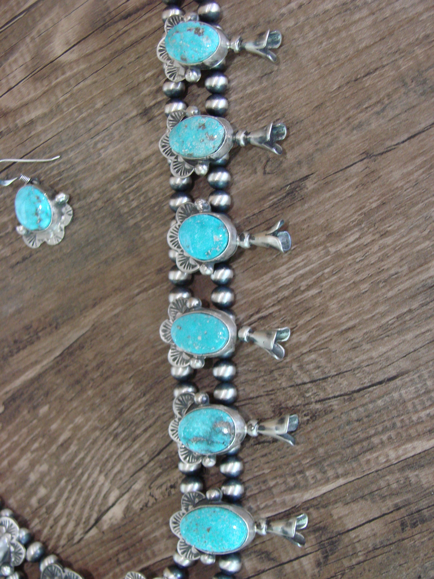 Navajo Sterling Silver & Turquoise 26" Squash Blossom Set Signed Kee J