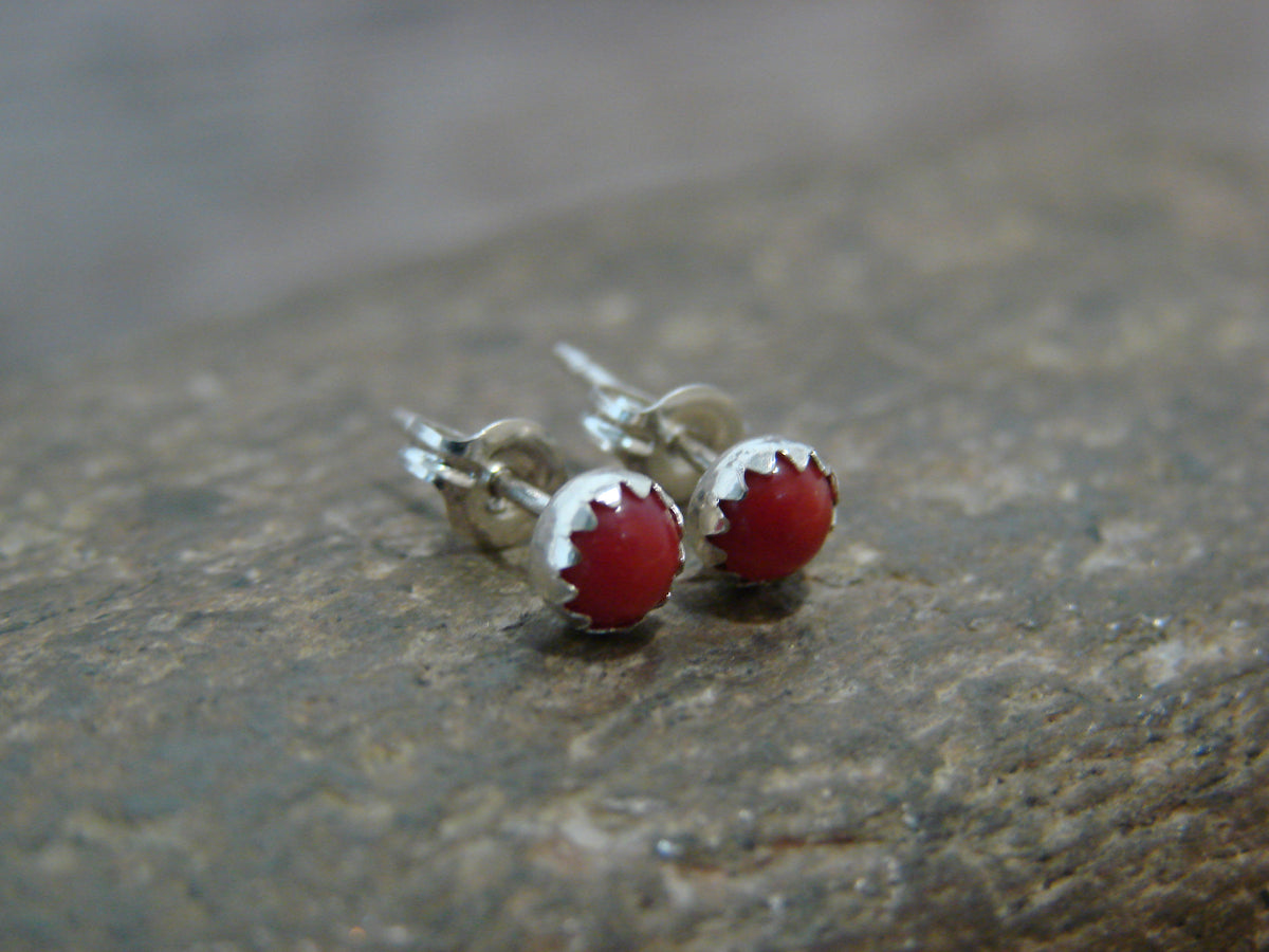 Native American Sterling Silver & Coral Dot Stud Post Earrings by Chee