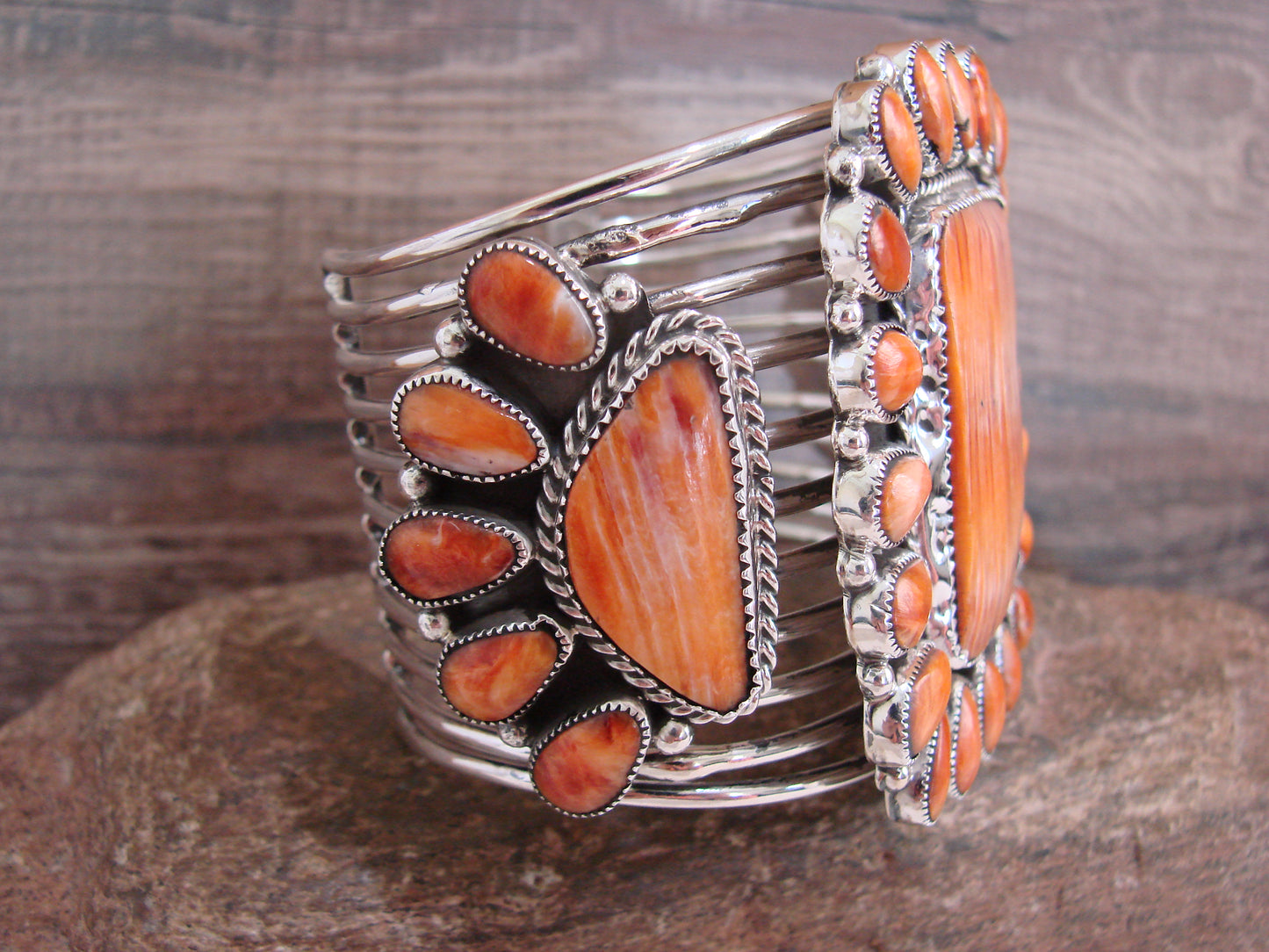 Native American Sterling Silver & Spiny Oyster Cluster Bracelet Cuff Signed E.W.