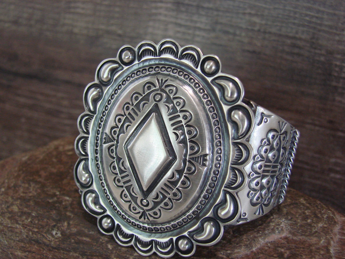 Native American Sterling Silver Concho Bracelet Cuff by Roland Dixon