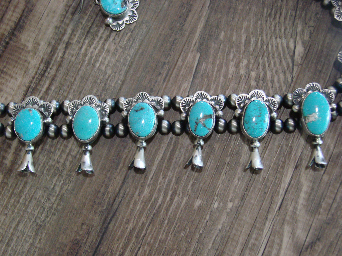 Navajo Sterling Silver & Turquoise 26" Squash Blossom Set Signed Kee J