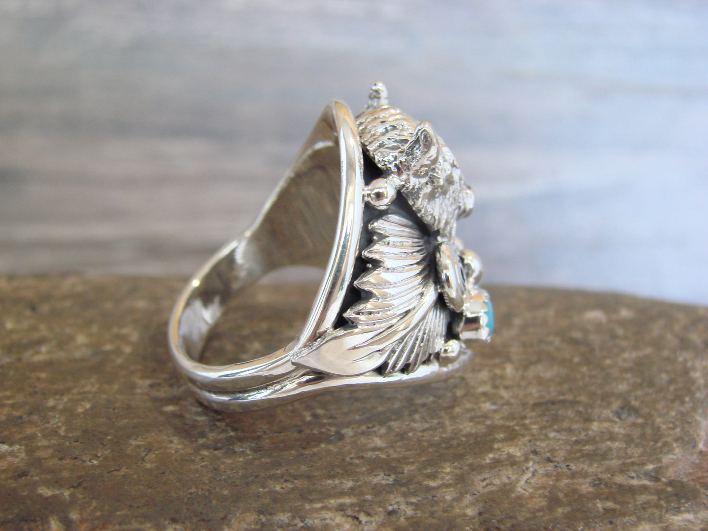 Native American Sterling Silver Buffalo & Turquoise Ring Size 11.5 - Morgan