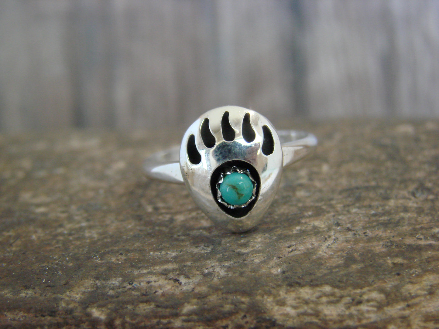 Native American Sterling Silver Turquoise Bear Paw Ring by Parker - Size 5