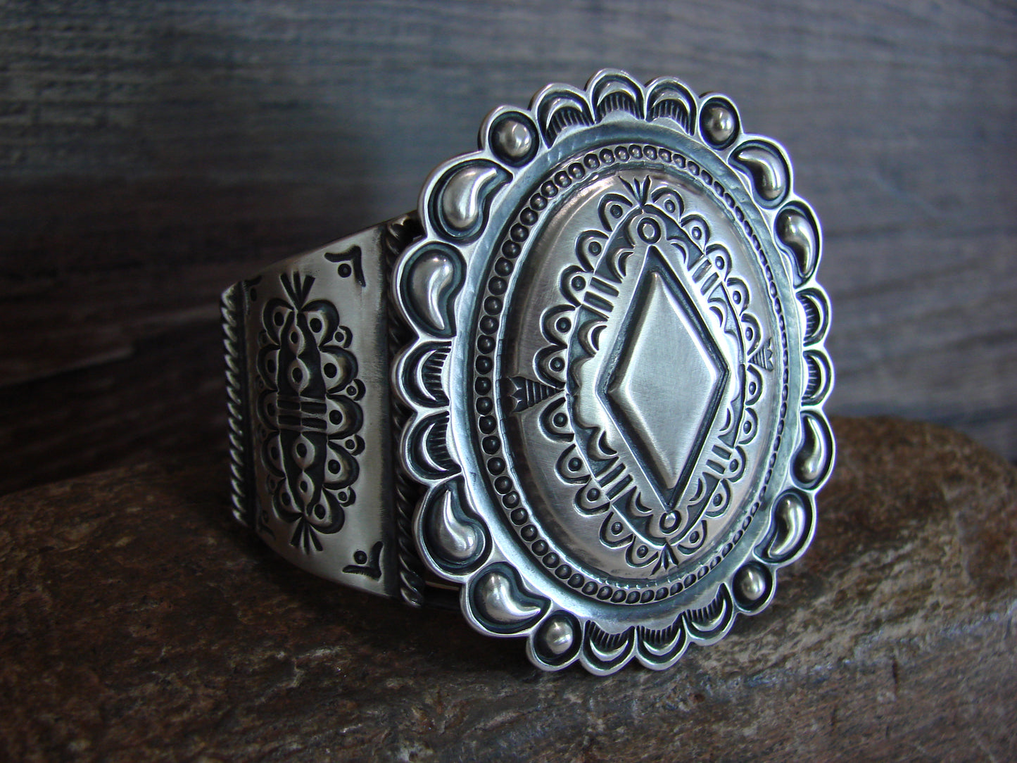 Native American Sterling Silver Concho Bracelet Cuff by Roland Dixon