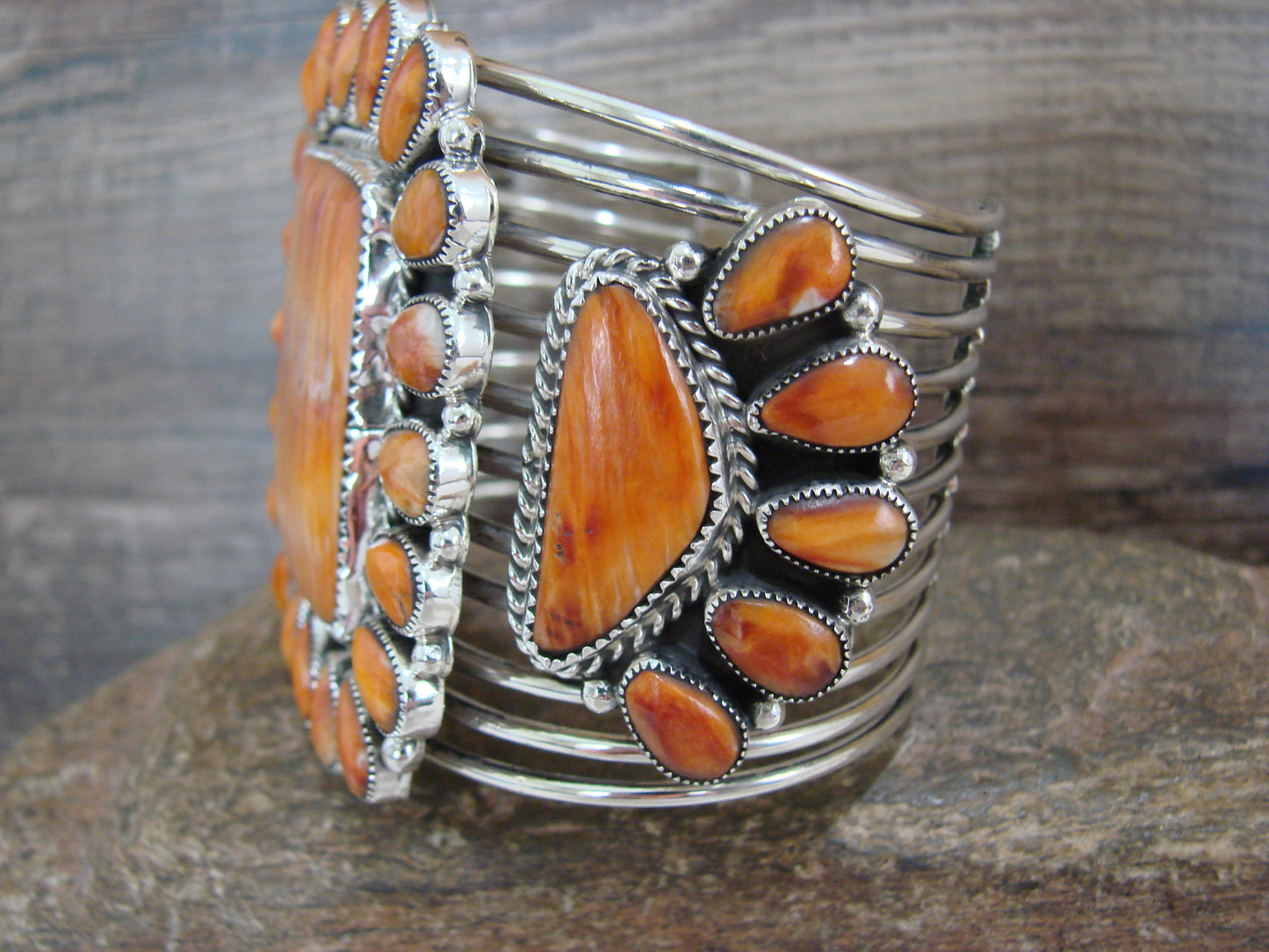 Native American Sterling Silver & Spiny Oyster Cluster Bracelet Cuff Signed E.W.