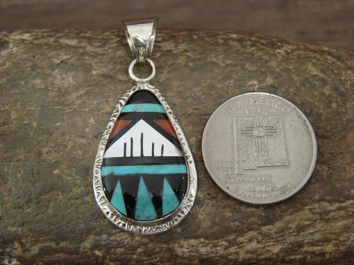 Native American Sterling Silver & Turquoise Inlay Pendant by Lamy