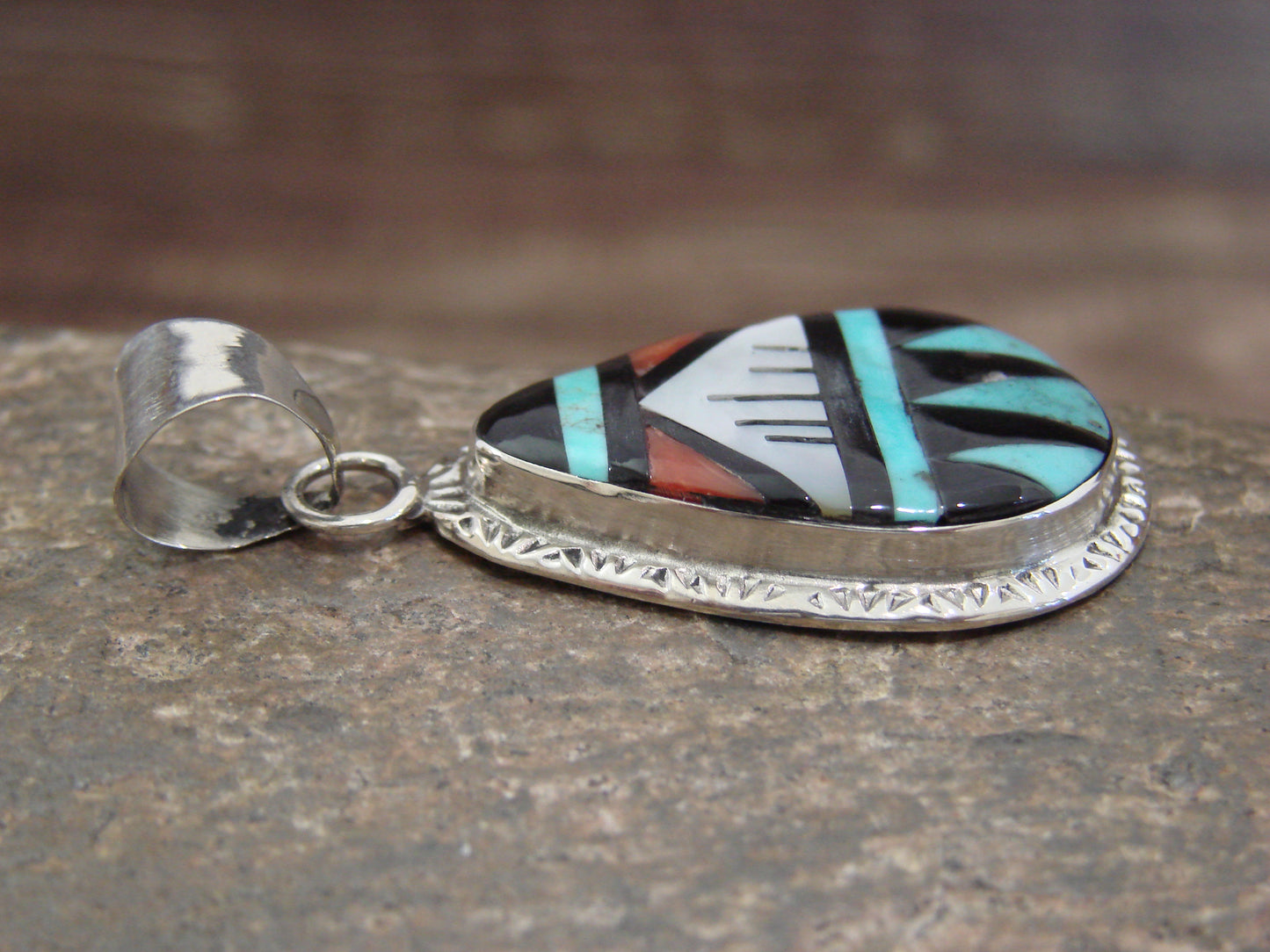 Native American Sterling Silver & Turquoise Inlay Pendant by Lamy