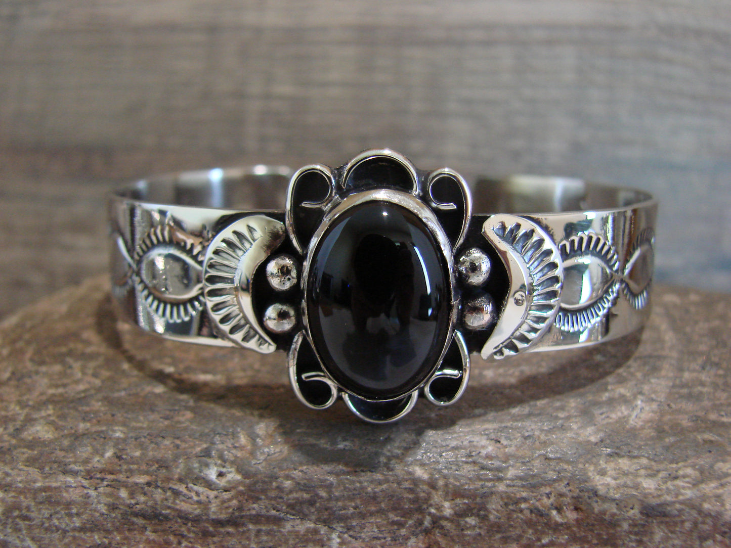 Navajo Indian Nickel Silver & Onyx Bracelet by Cleveland