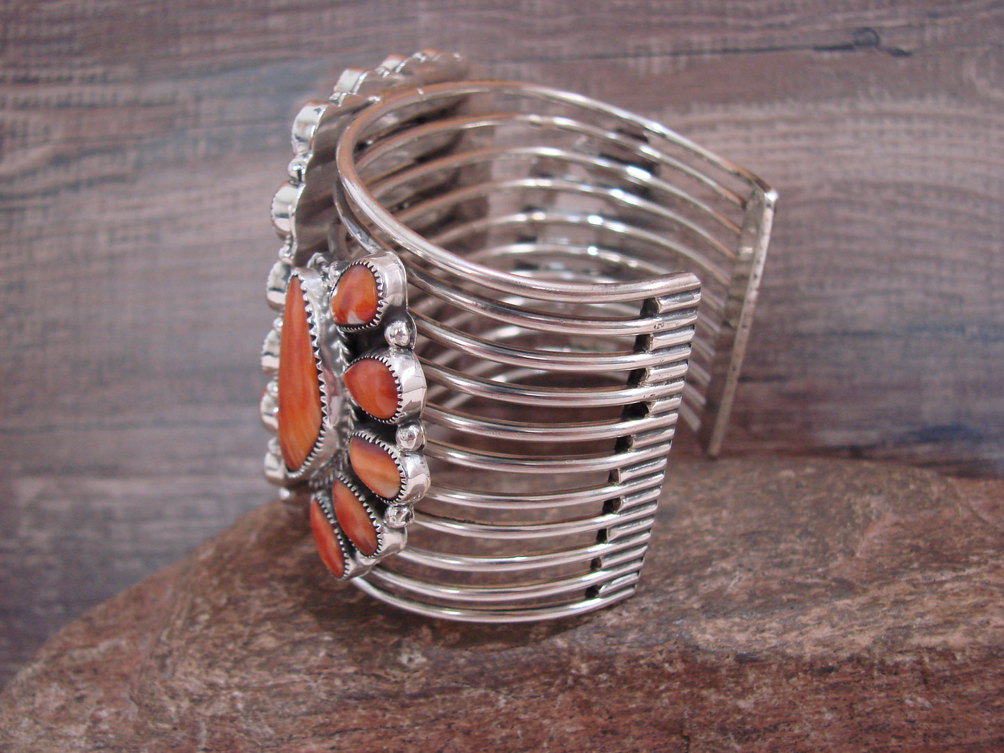 Native American Sterling Silver & Spiny Oyster Cluster Bracelet Cuff Signed E.W.