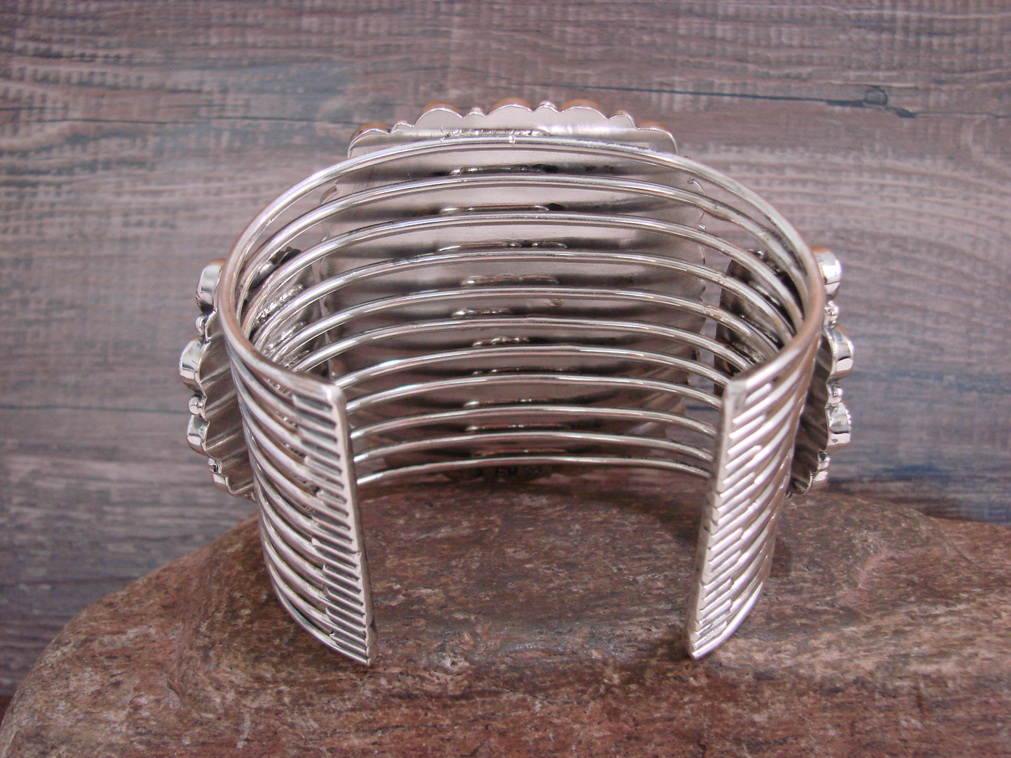 Native American Sterling Silver & Spiny Oyster Cluster Bracelet Cuff Signed E.W.