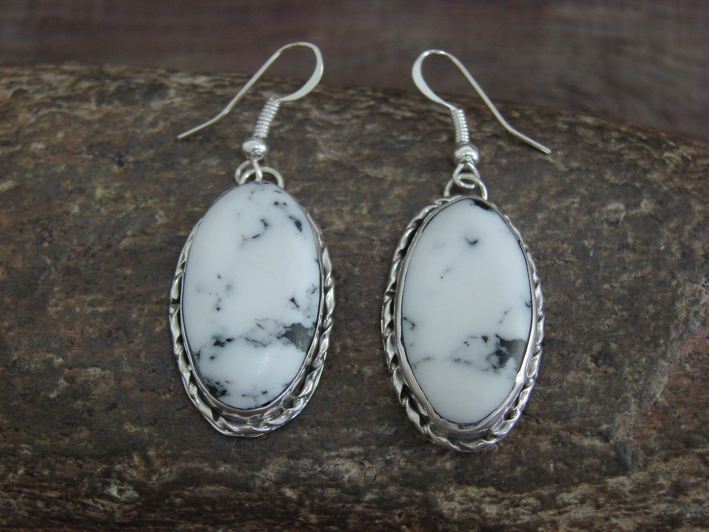 Native American Sterling Silver & White Buffalo Turquoise Dangle Earrings - Mariano