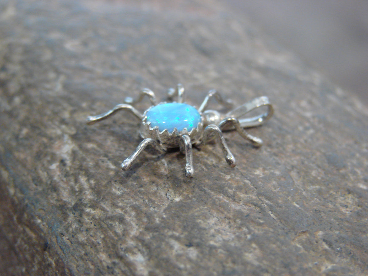 Native American Sterling Silver Blue Opal Spider Charm Pendant - Garfield