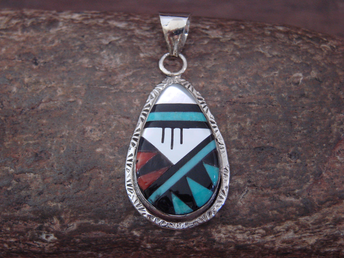 Native American Sterling Silver & Turquoise Inlay Pendant by Lamy