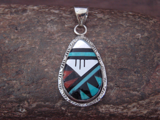 Native American Sterling Silver & Turquoise Inlay Pendant by Lamy