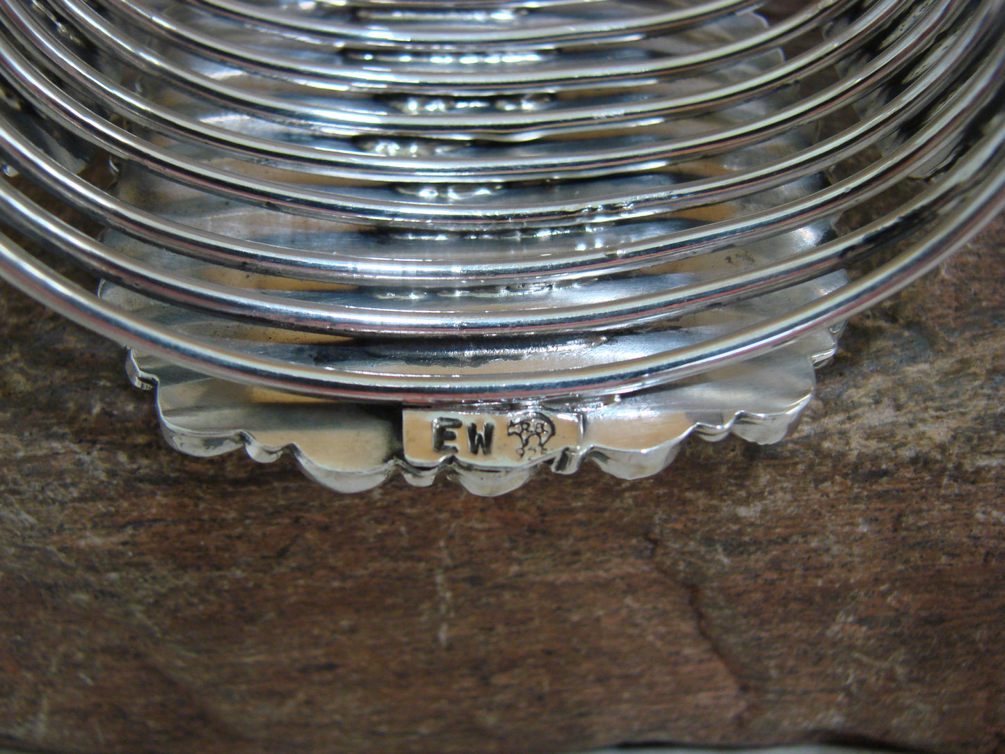 Native American Sterling Silver & Spiny Oyster Cluster Bracelet Cuff Signed E.W.