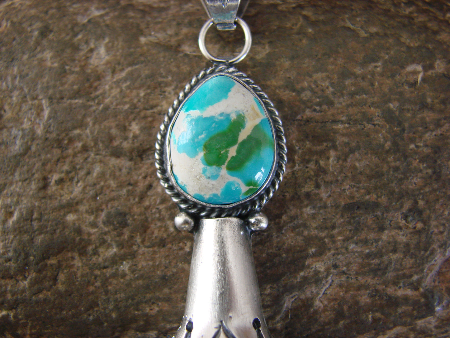 Native American Sterling Silver & Turquoise Squash Blossom Pendant by Betone