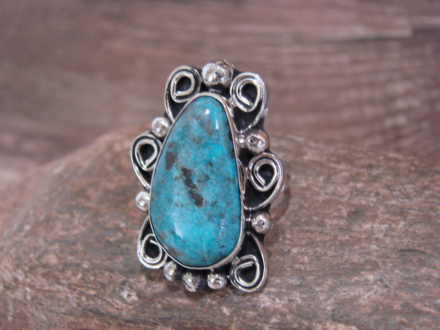 Native American Nickel Silver & Turquoise Ring by Cleveland - Size 10.5