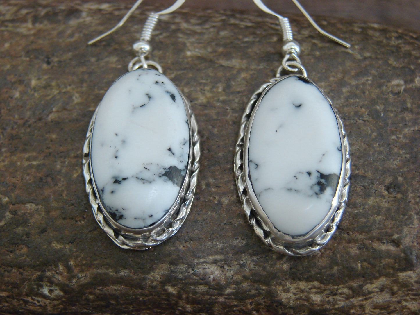 Native American Sterling Silver & White Buffalo Turquoise Dangle Earrings - Mariano