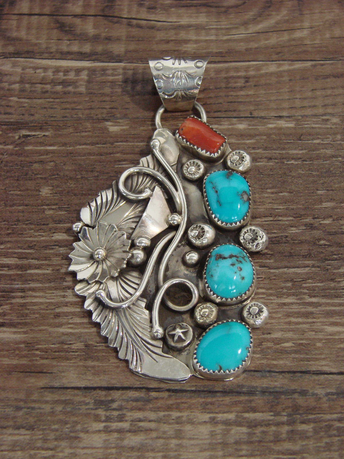 Native American Sterling Silver Turquoise & Coral Floral Pendant - Saunders