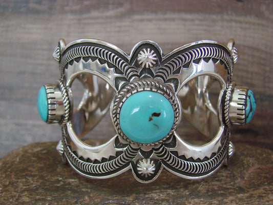 Native American Sterling Silver & Turquoise Bracelet Cuff by Roland Dixon