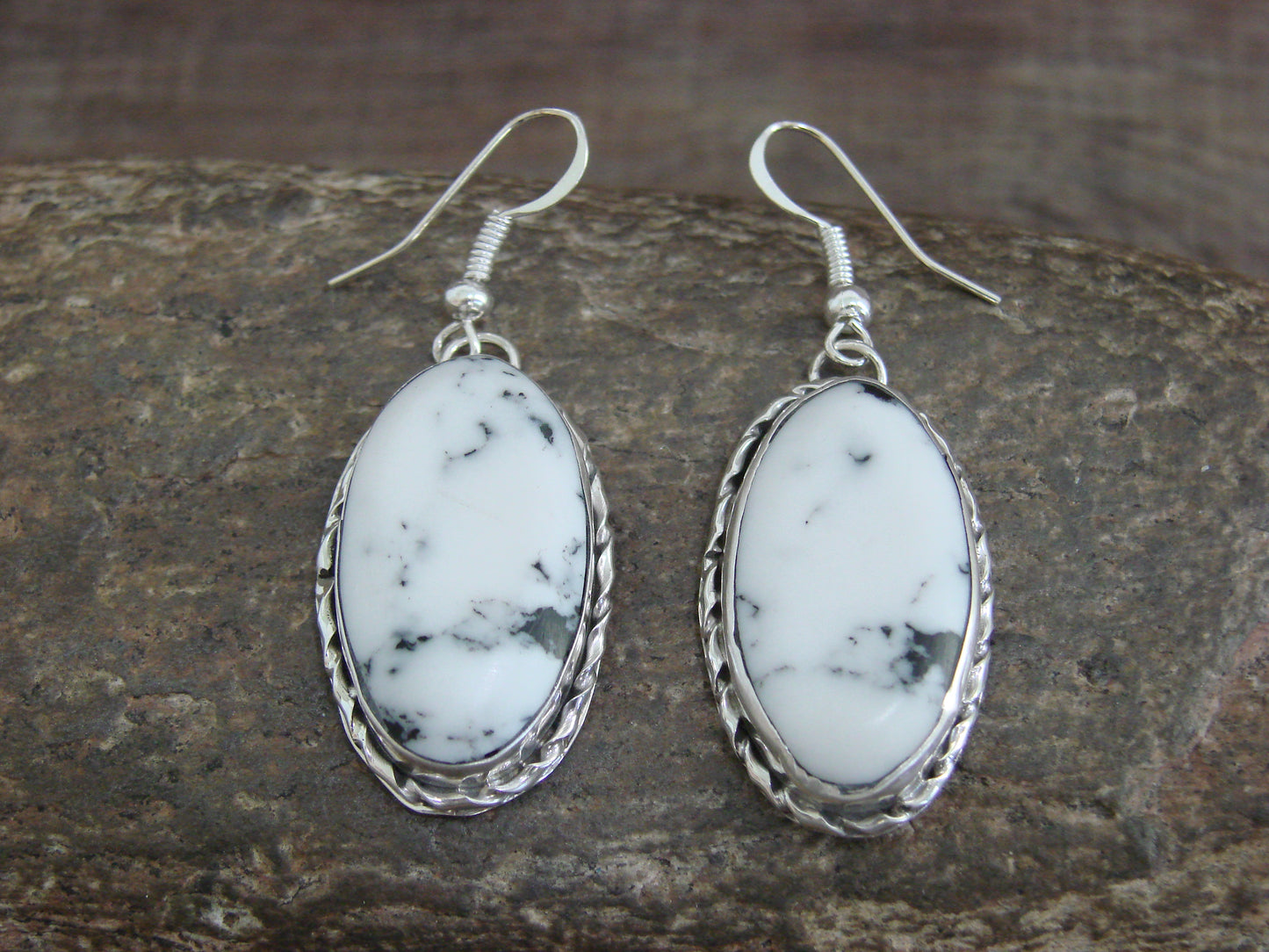 Native American Sterling Silver & White Buffalo Turquoise Dangle Earrings - Mariano