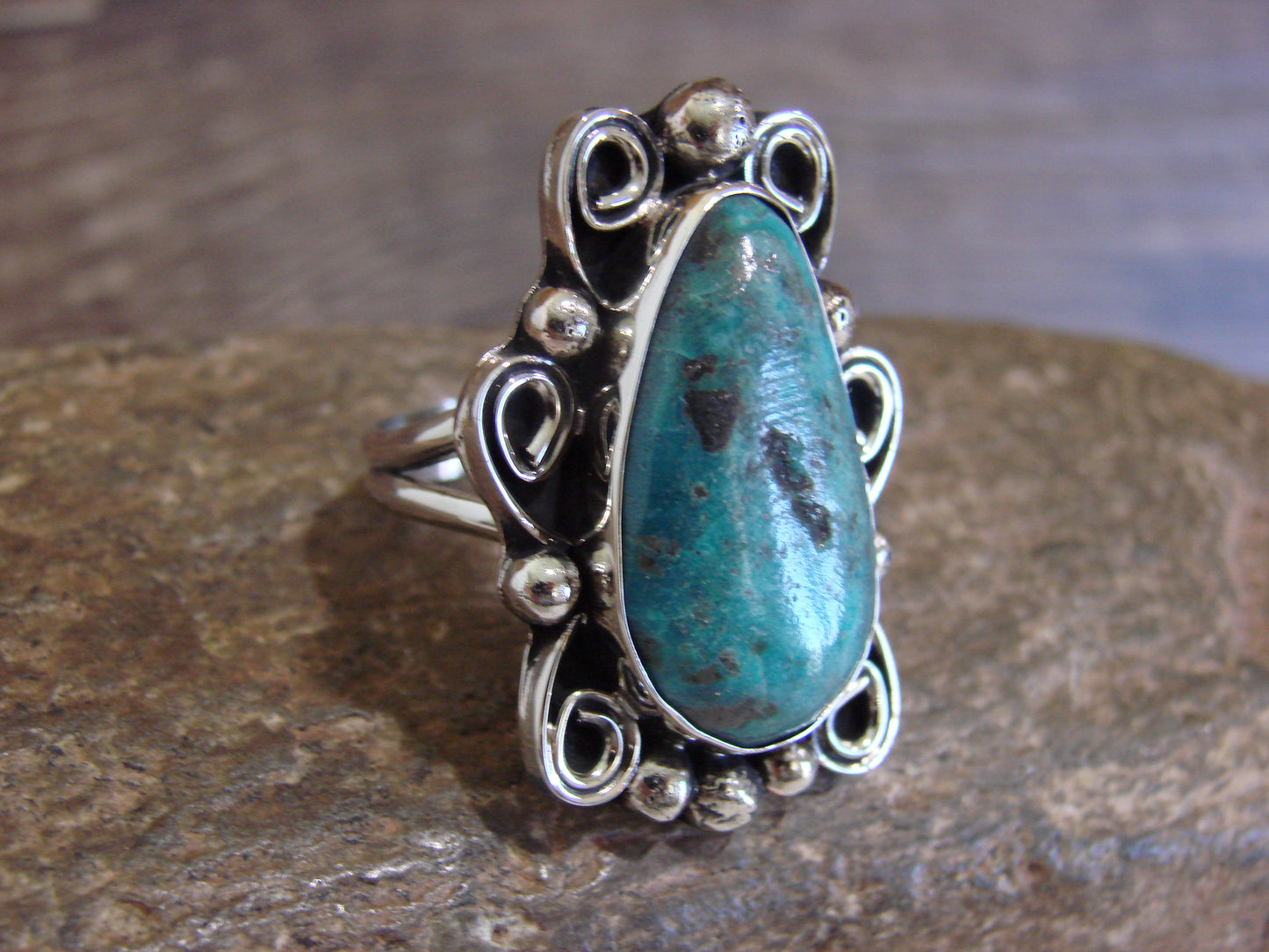 Native American Nickel Silver & Turquoise Ring by Cleveland - Size 10.5