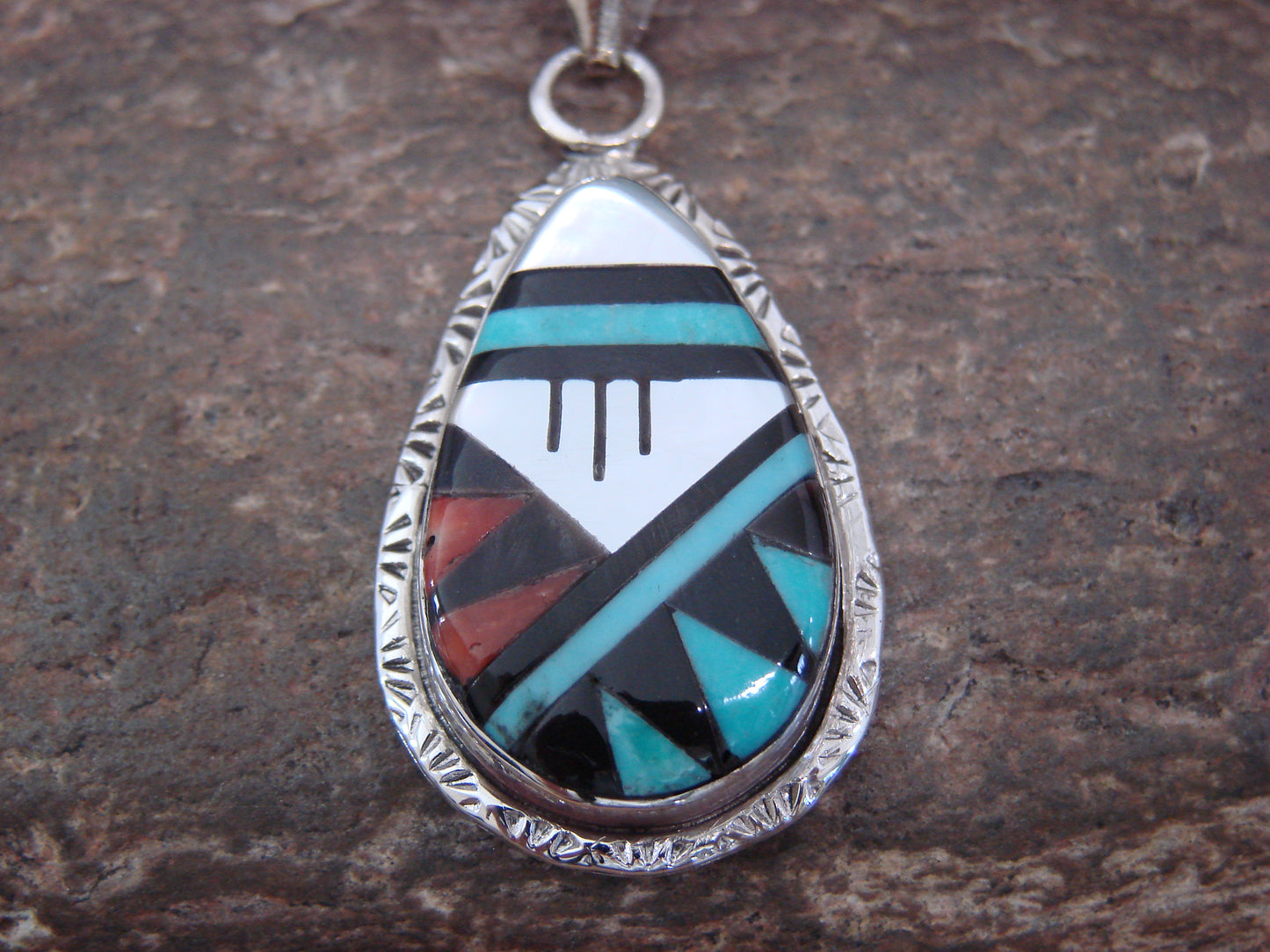 Native American Sterling Silver & Turquoise Inlay Pendant by Lamy