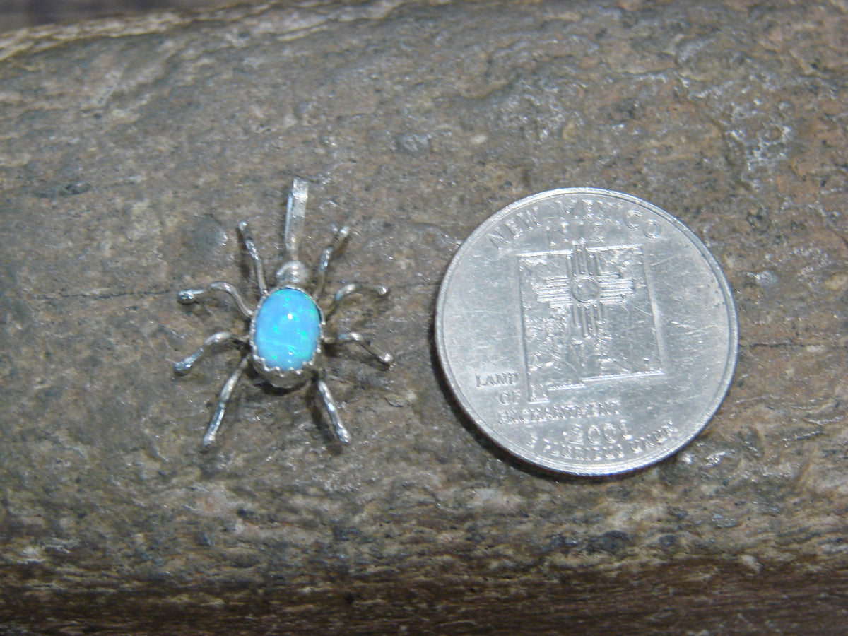 Native American Sterling Silver Blue Opal Spider Charm Pendant - Garfield