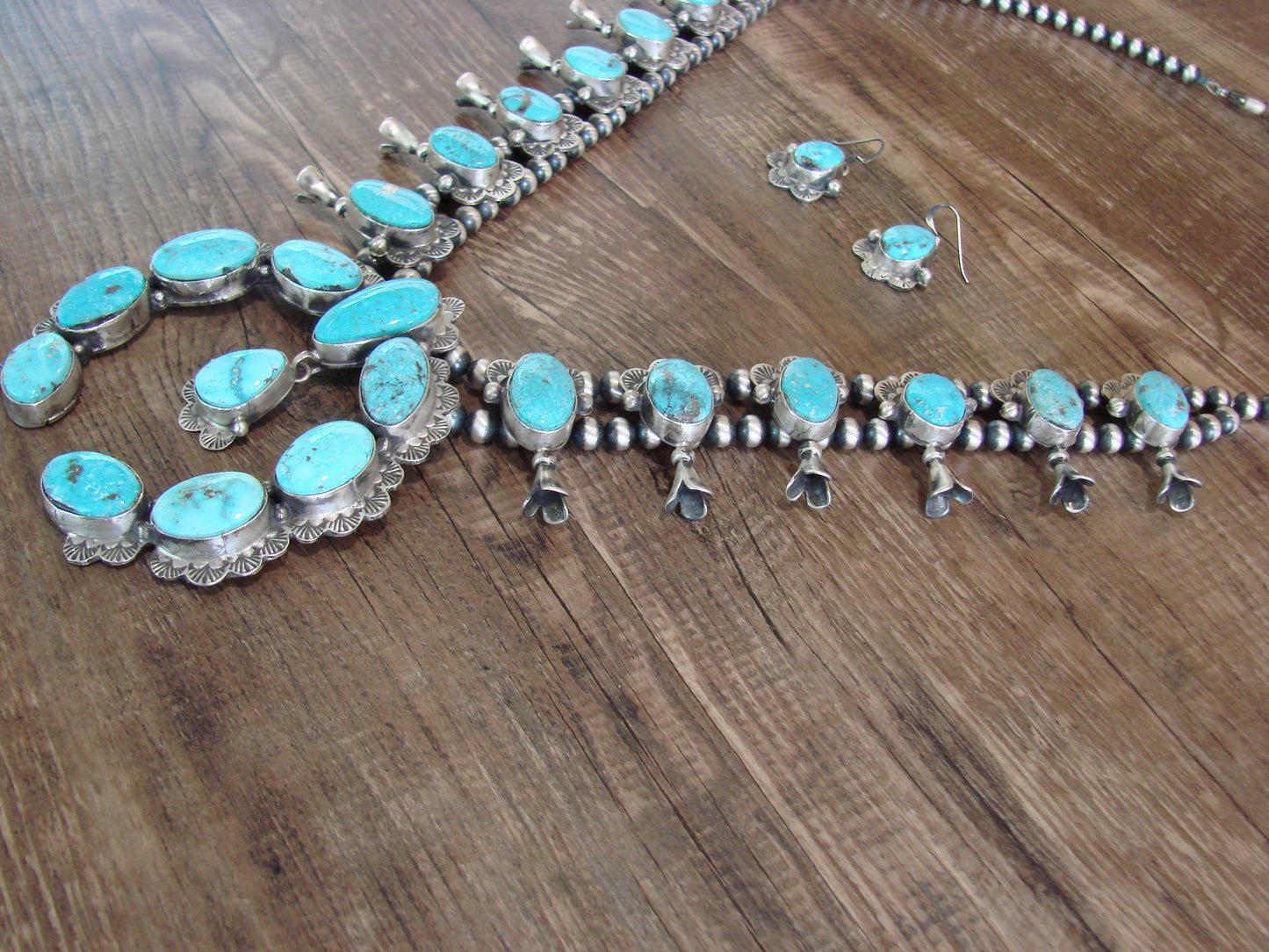 Navajo Sterling Silver & Turquoise 26" Squash Blossom Set Signed Kee J