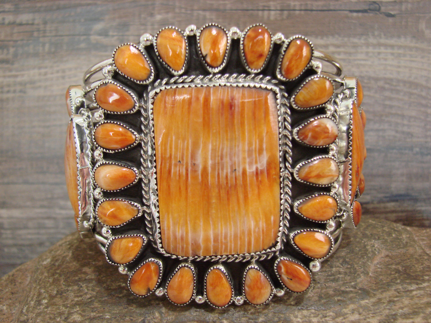 Native American Sterling Silver & Spiny Oyster Cluster Bracelet Cuff Signed E.W.