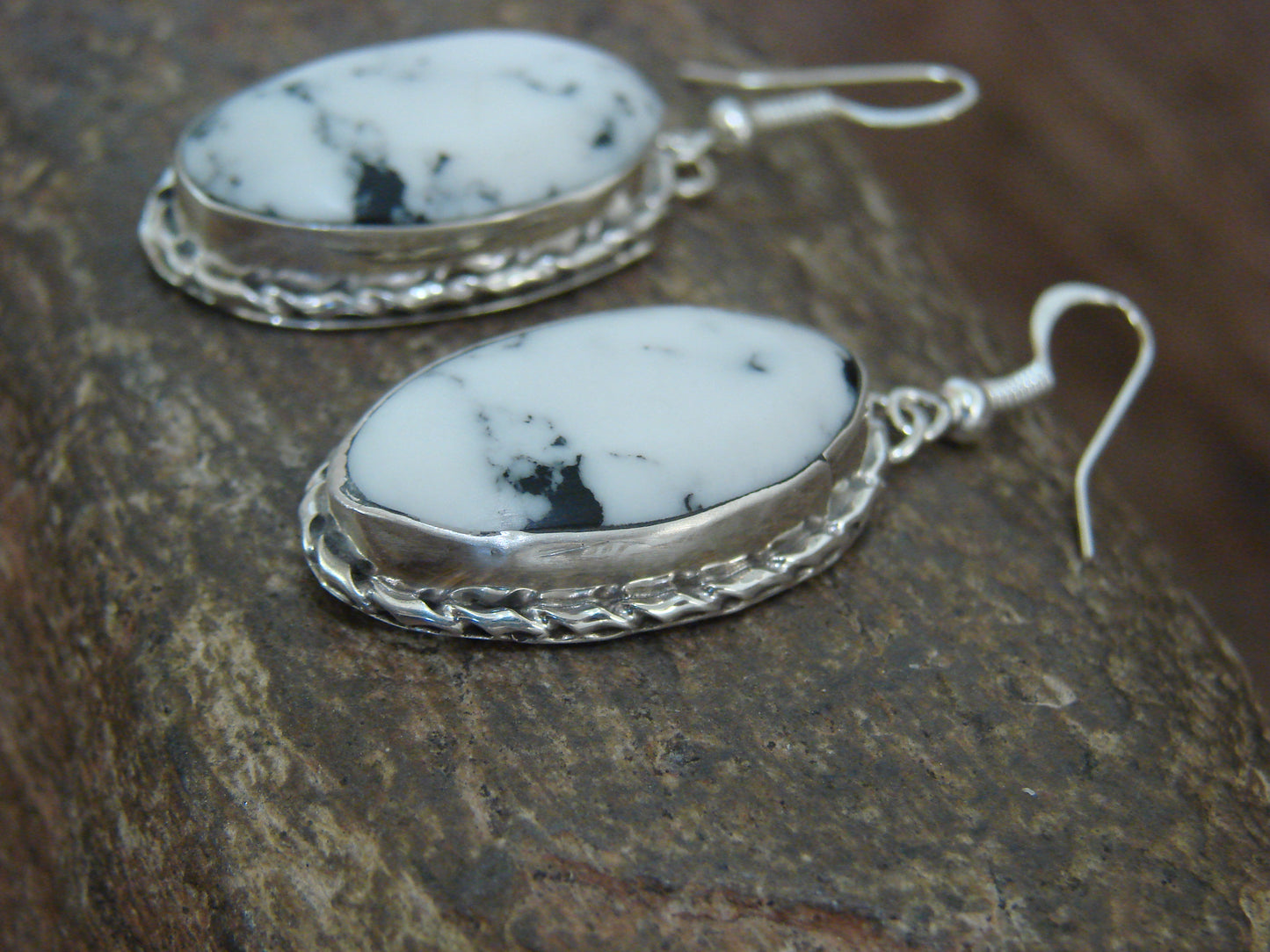 Native American Sterling Silver & White Buffalo Turquoise Dangle Earrings - Mariano