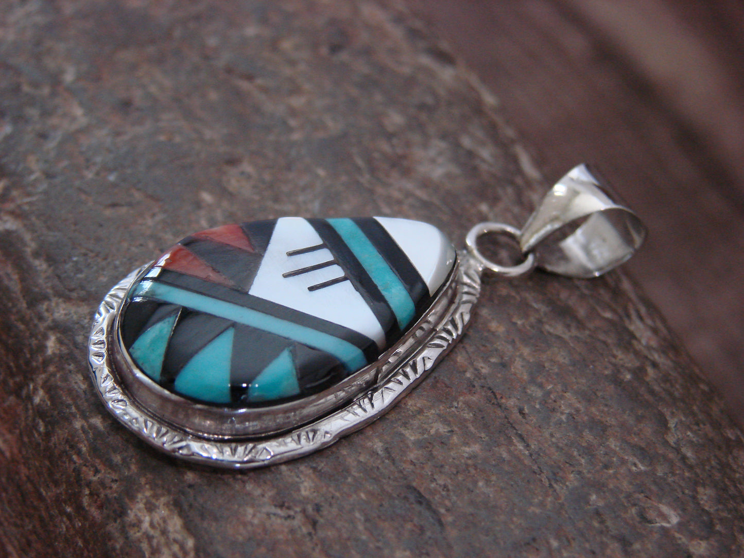 Native American Sterling Silver & Turquoise Inlay Pendant by Lamy