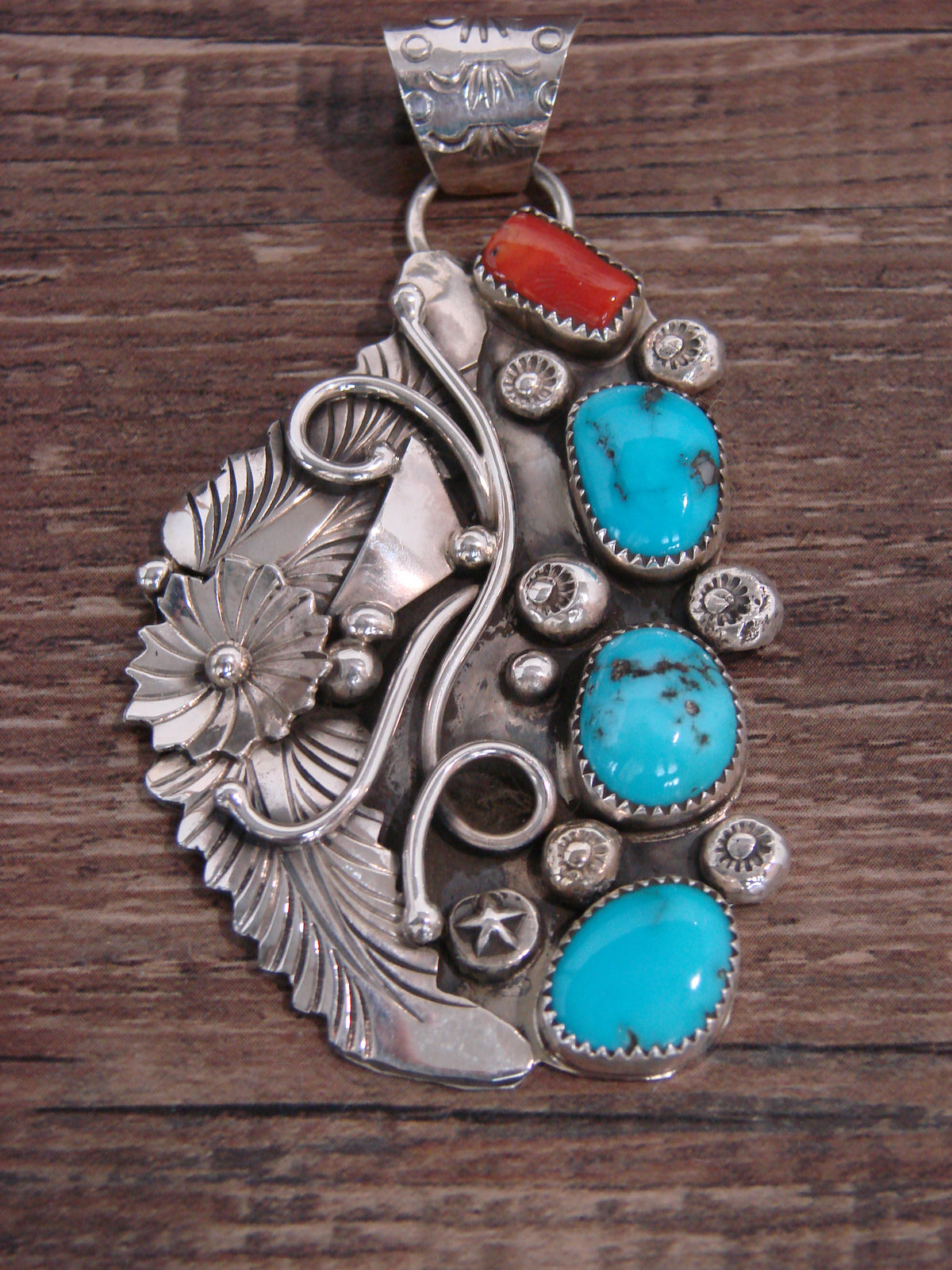 Native American Sterling Silver Turquoise & Coral Floral Pendant - Saunders
