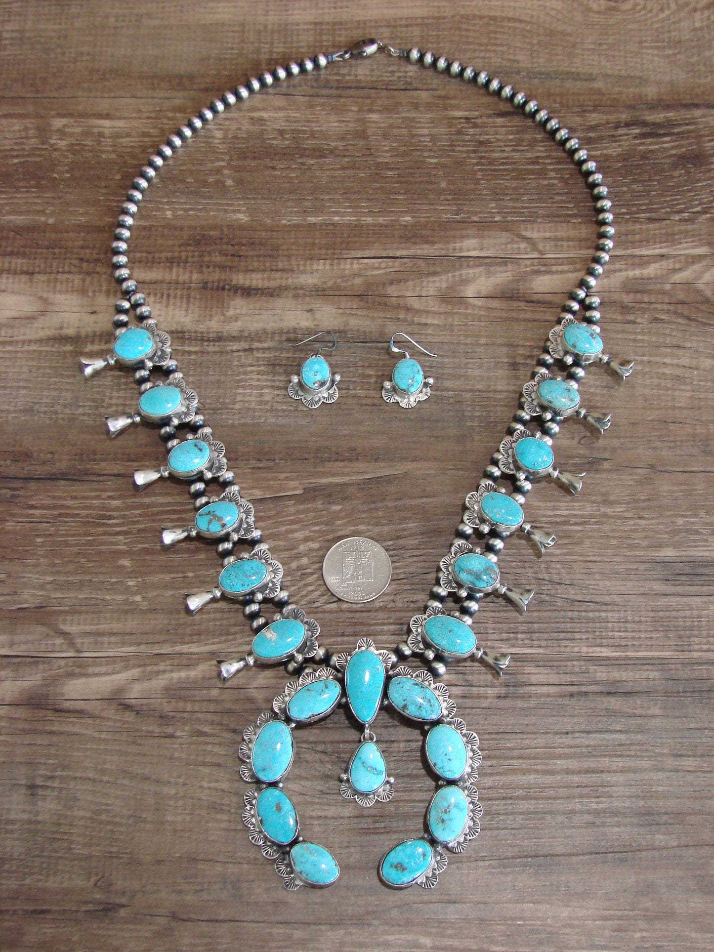 Navajo Sterling Silver & Turquoise 26" Squash Blossom Set Signed Kee J
