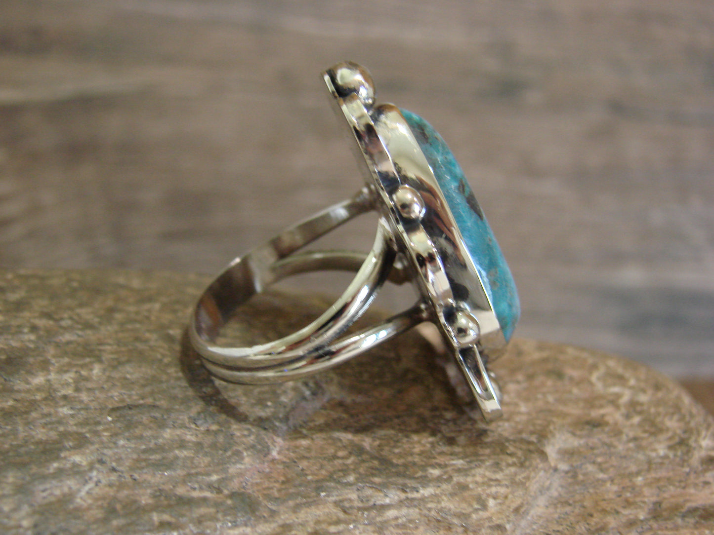 Native American Nickel Silver & Turquoise Ring by Cleveland - Size 10.5