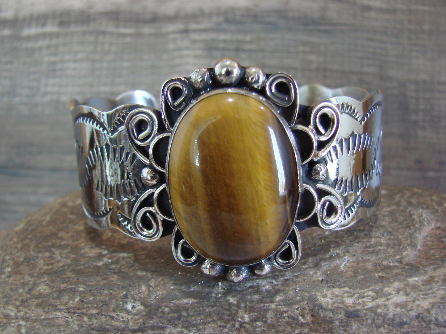 Navajo Indian Nickel Silver & Tiger Eye Bracelet by Cleveland
