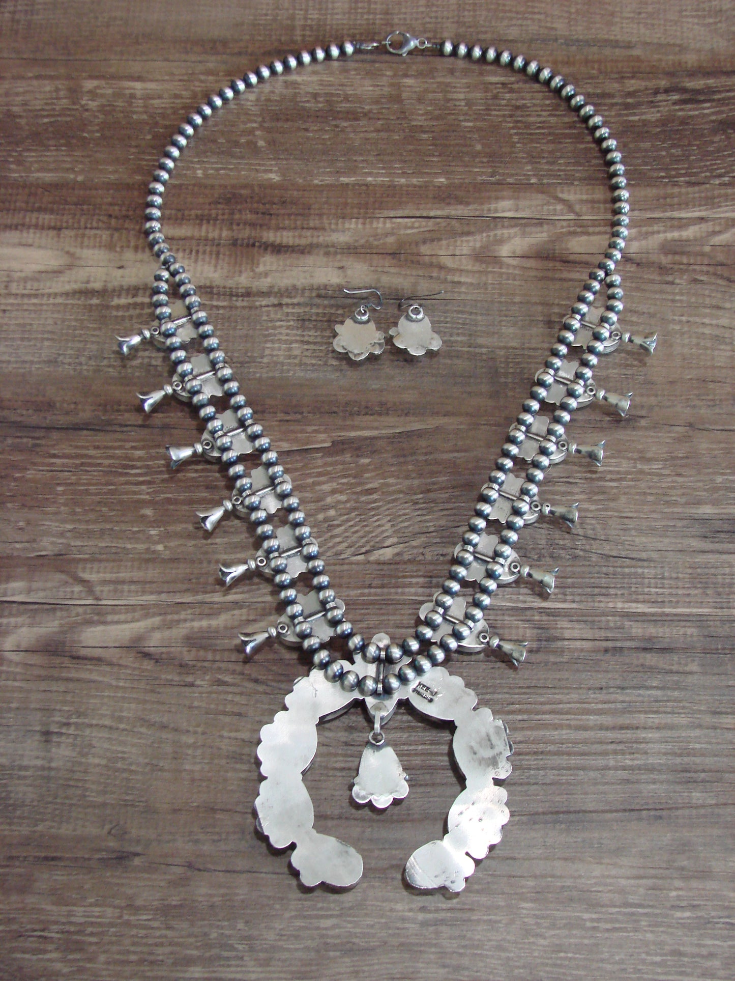 Navajo Sterling Silver & Turquoise 26" Squash Blossom Set Signed Kee J