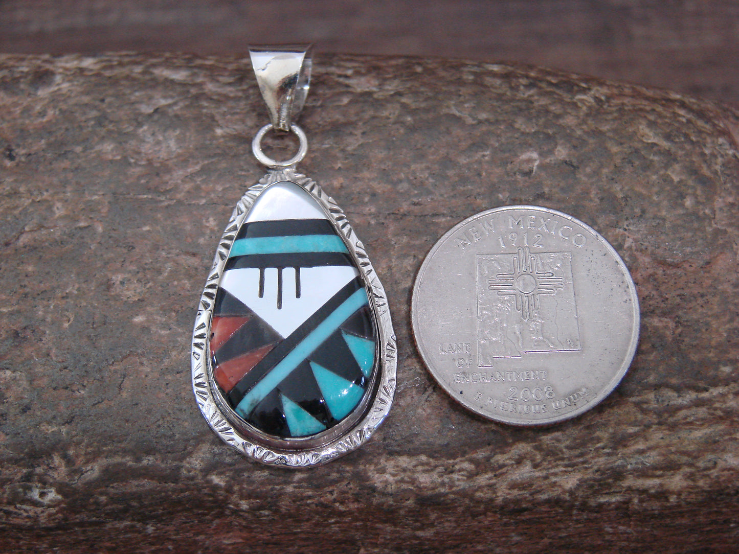 Native American Sterling Silver & Turquoise Inlay Pendant by Lamy