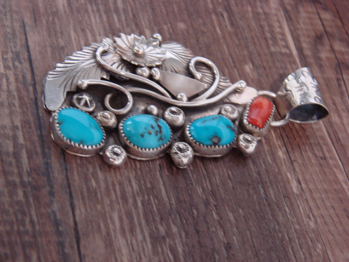 Native American Sterling Silver Turquoise & Coral Floral Pendant - Saunders