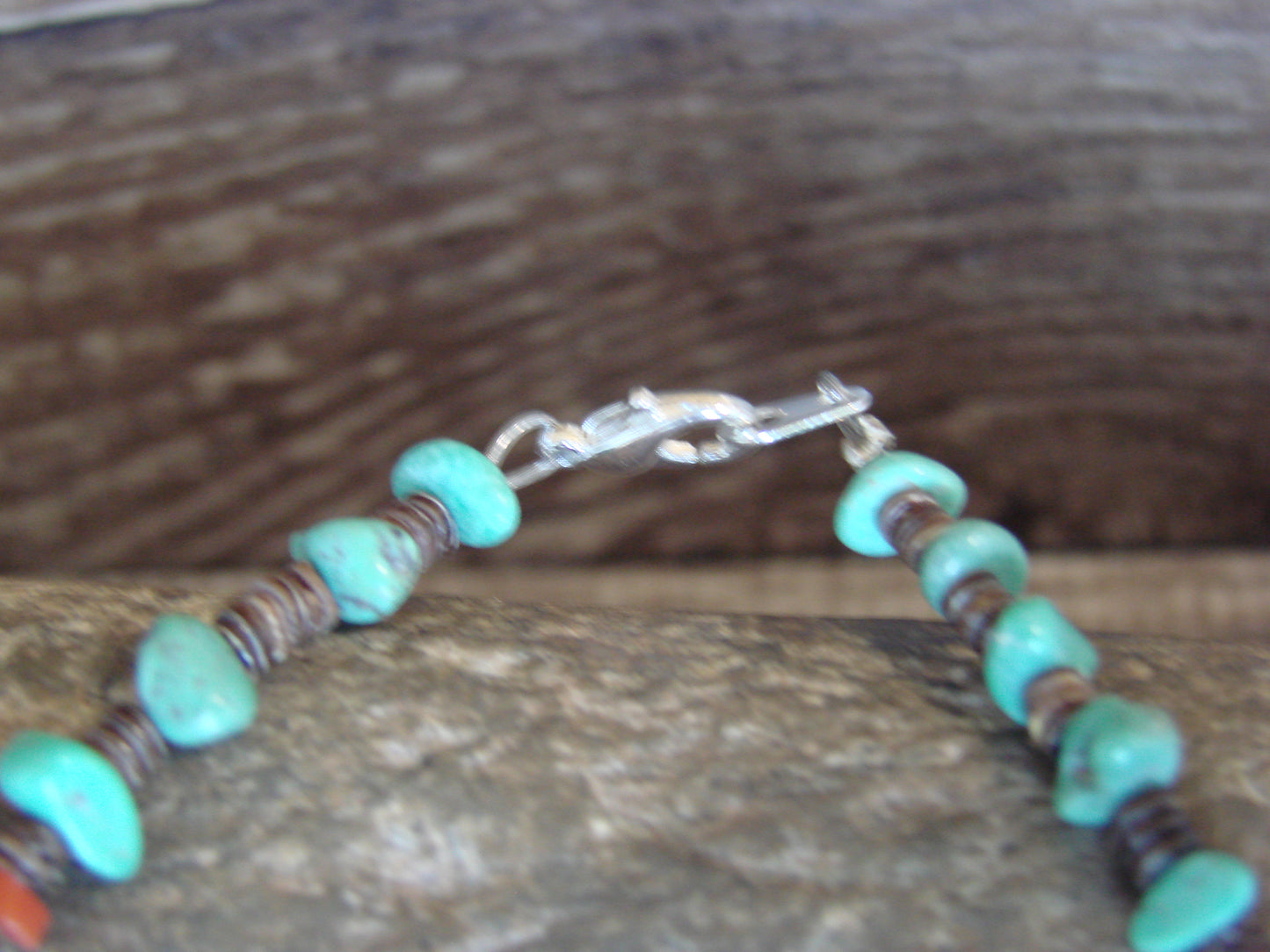 Native American Sterling Silver Turquoise & Coral Nugget Stone Bracelet by Coriz