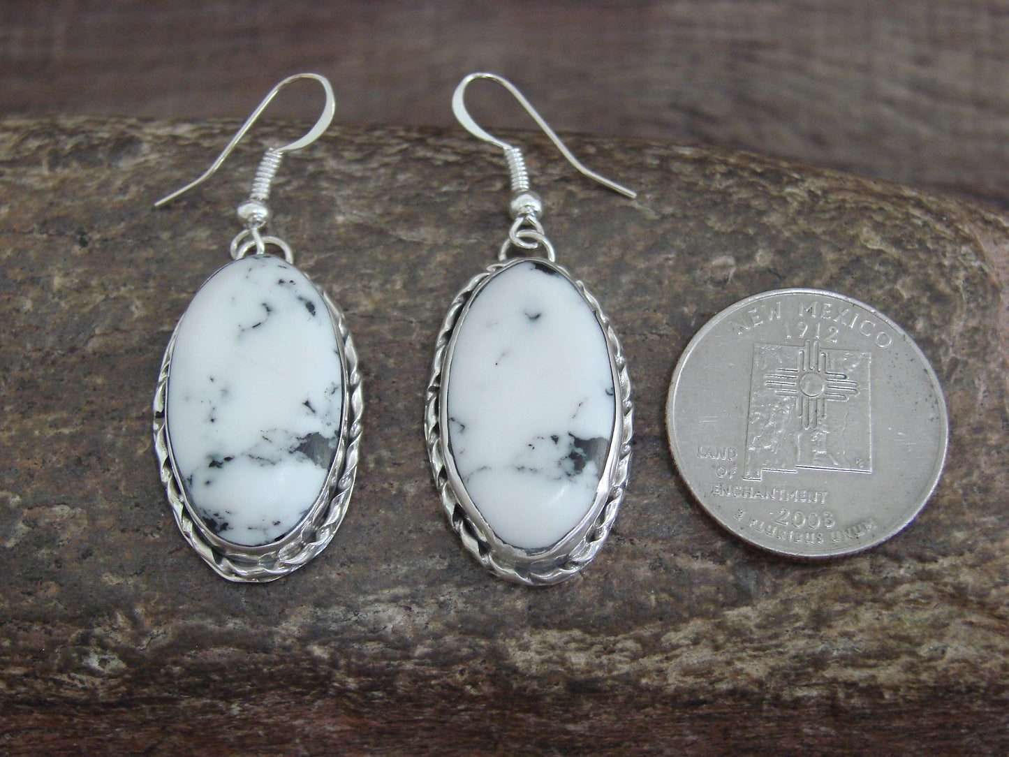 Native American Sterling Silver & White Buffalo Turquoise Dangle Earrings - Mariano