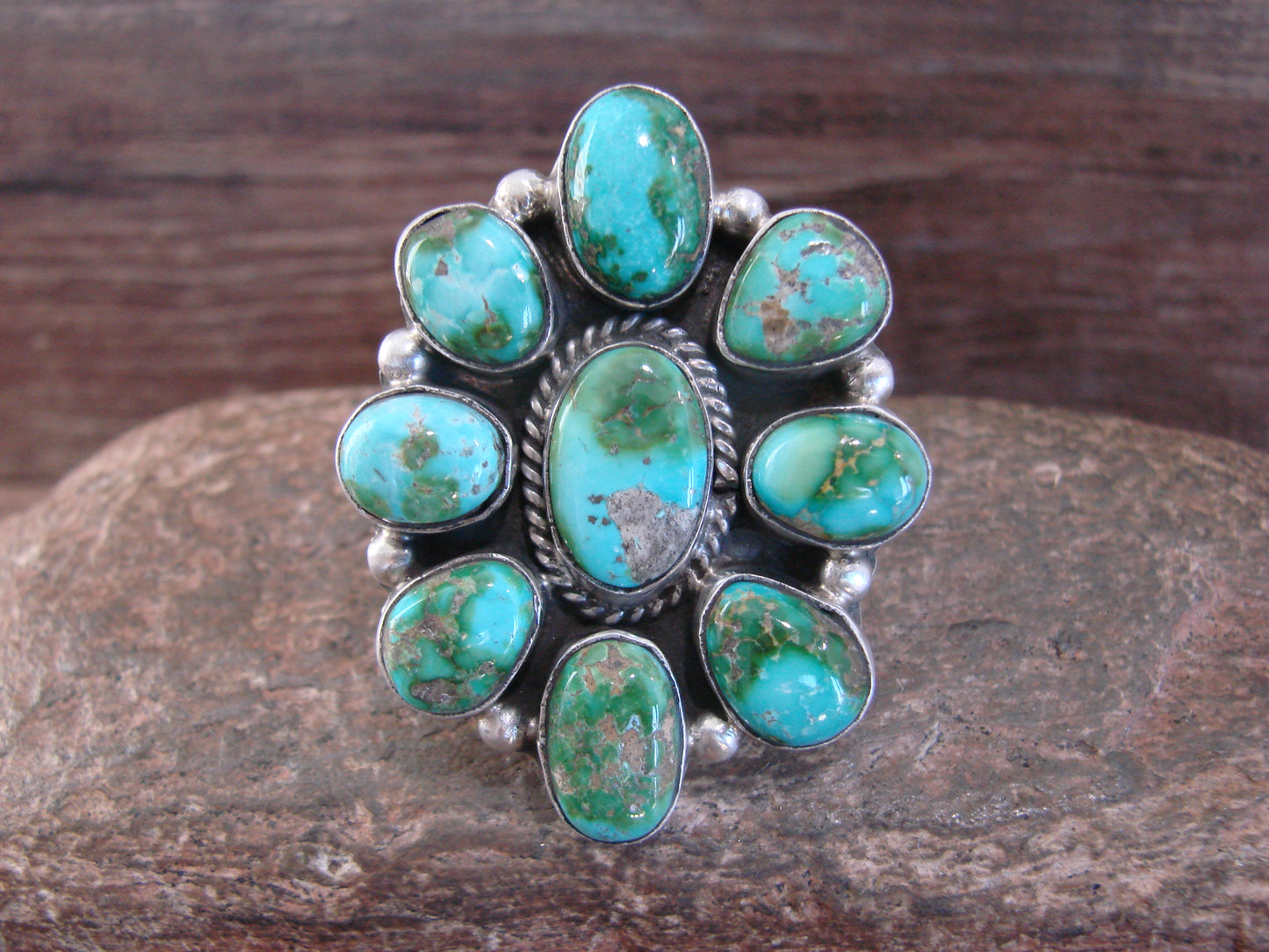 Large Native American Sterling Silver & Turquoise Cluster Ring - Williams - Size 8.5